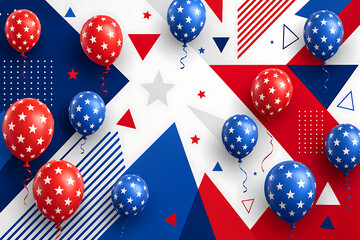 Obraz premium Red and blue balloons with white stars floating over a geometric abstract background pattern