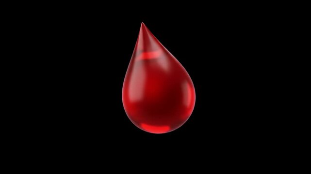 A glossy 3D render of a liquid red drop, symbolizing blood, liquid ruby, or essential oil, isolated on a stark black background. Ideal for medical concepts, blood donation, healthcare, laboratory anal