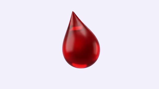 A shiny, translucent 3D rendering of a single fluid drop of crimson red blood or oil, isolated on a clean white background. Perfect for medical donation campaigns, healthcare infographics, laboratory 