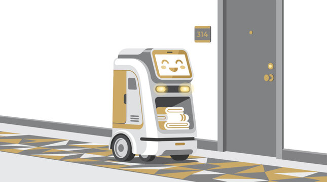 Service robot delivering coffee in modern hotel hallway.