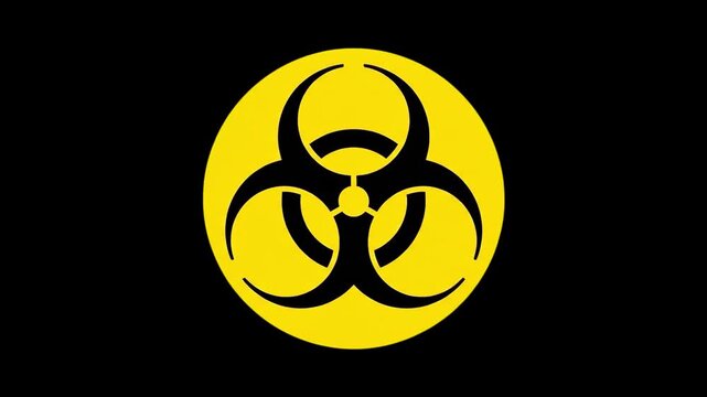 A high-contrast graphic icon of a yellow circular biohazard sign with a black biohazard symbol, isolated on a stark black background. Perfect for toxic waste alerts, biological hazard research, quaran