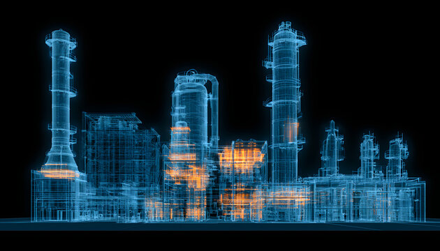 Digital twin of the industrial refinery complex. A blue wireframe blueprint shows the complex machinery with orange glowing lights. Futuristic factory model for the tech industry.