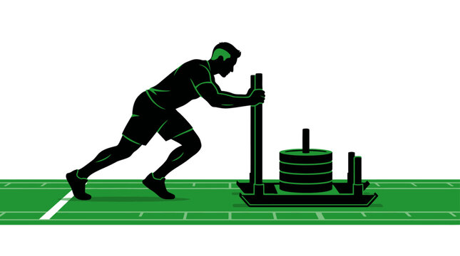 Athlete performing weighted sled push on grass turf.