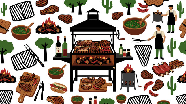 Seamless barbecue grill and meat pattern illustration.