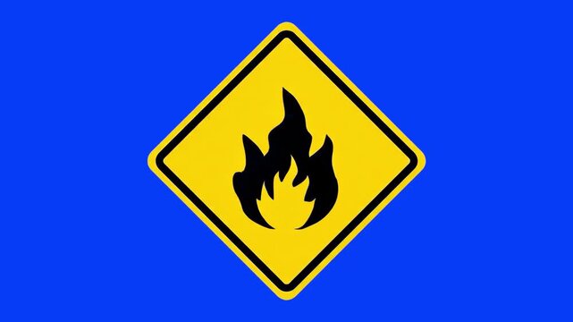 A yellow diamond-shaped warning sign depicting a black flame symbol is displayed against a solid blue backdrop. This vector-style graphic is suitable for industrial safety videos, chemical plant hazar