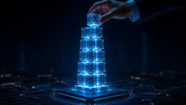 Business professional hand building a tall tower of glowing blue electronic cubes symbolizing corporate growth strategy and scalable cloud computing infrastructure development for enterprises