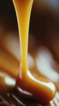 Delicious golden brown caramel sauce pouring from a fountain. Perfect for desserts and candies.
