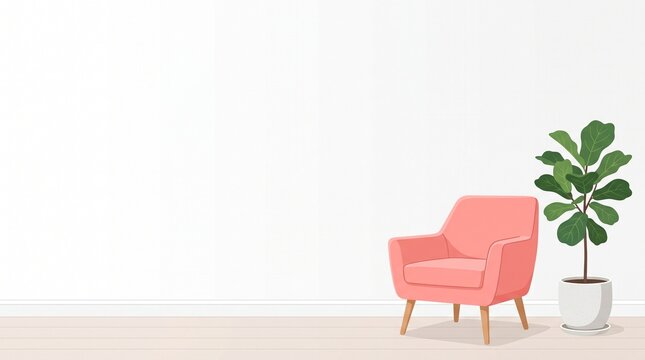 Vector illustration of a modern pink armchair next to a potted green fiddle leaf fig plant against a plain white wall, minimalist room, furniture