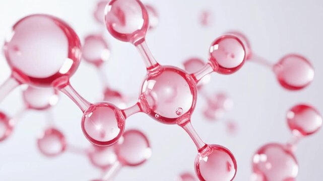 透明感あふれるピンクの分子構造がゆっくりと浮遊し、ガラスのような質感と微細な気泡が美しく輝く美容・化粧品広告向け背景動画。美容成分や保湿、エイジングケア、スキンケアテクノロジー、バイオサイエンス、先端研究をイメージさせる高級感のある抽象ビジュアル。余白を活かした広告・Web・SNS・販促素材として幅広く活用できるループ映像。ジェネレーティブAI