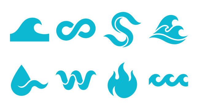 Light blue wave drop and flame icon set
