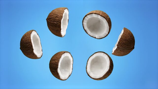 A crisp 3D model arrangement of halved ripe coconuts scattered and floating in mid-air, isolated on a solid light blue background. Perfect for refreshing summer cocktail promotions, sun care product b