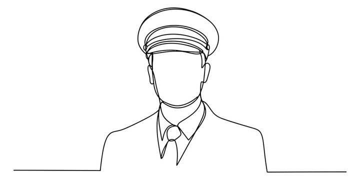 Continuous line drawing of a professional pilot wearing a uniform and peaked cap