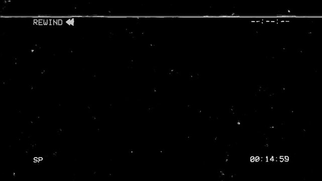 Vintage analog tape distortion. Glitchy rewind screen with timecode and noise, easy to layer for retro aesthetics, 4k video animation seamless loop