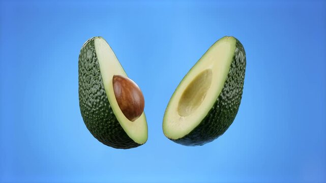 A realistic 3D model of fresh avocado halves with textured green skin and seed pit, isolated on a bright light blue background. Perfect for modern food media, healthy eating banners, vegan diet graphi