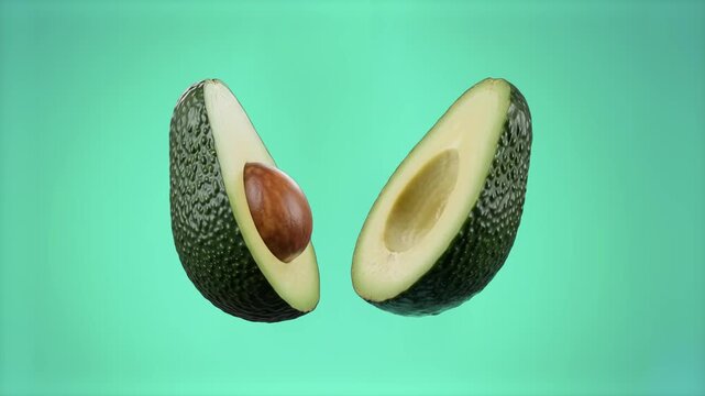 A detailed 3D render of fresh avocado halves&mdash;one with the seed pit and one without&mdash;isolated on a soft mint green background. Excellent for organic food advertising, vegan recipes, healthy nutrition gr