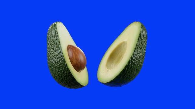 A detailed 3D render of fresh avocado halves&mdash;one with the seed pit and one without&mdash;isolated on a bright blue background. Excellent for healthy food advertising, vegan recipes, organic nutrition graphi
