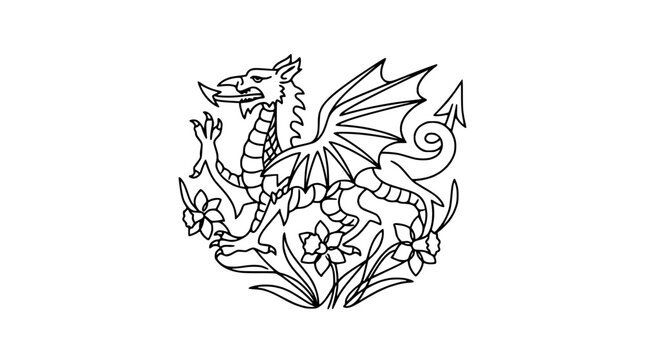 Dragon and Daffodils Emblem - Welsh Mythology Symbol