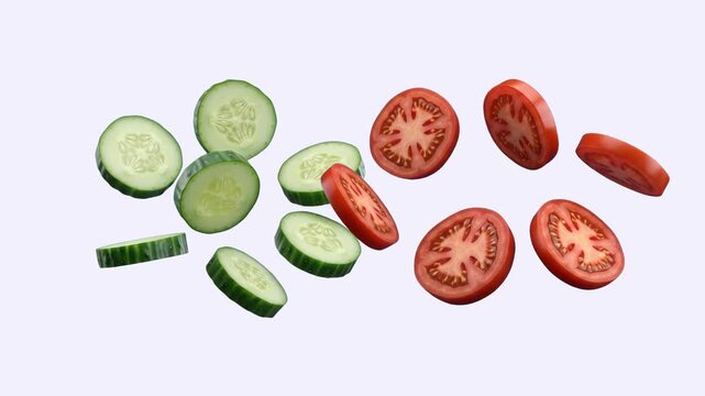 A dynamic 3D render of fresh green cucumber slices and ripe red tomato slices floating or falling through the air. Isolated on a clean light background, making it perfect for salad recipes, healthy ea