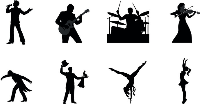Stage performers and entertainers black silhouettes vector set featuring singer guitarist drummer violinist dancer magician gymnast
