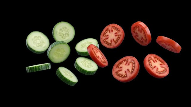A dynamic arrangement of fresh red tomato wheels and green cucumber slices falling and levitating against a solid black backdrop. Perfect for food commercials, restaurant promos, and high-contrast cul