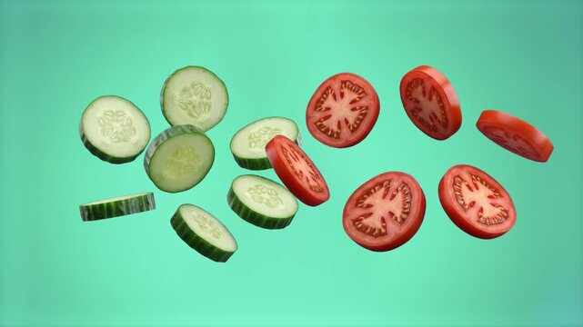 Fresh red tomato slices and green cucumber rounds floating and tumbling in mid-air against a mint green backdrop. Ideal for fresh salad commercials, healthy eating campaigns, and culinary motion graph