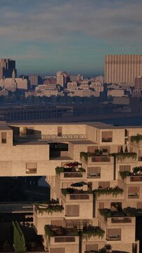 A large building design features multiple balconies and greenery. The city skyline with many buildings is visible in the background during the evening light.