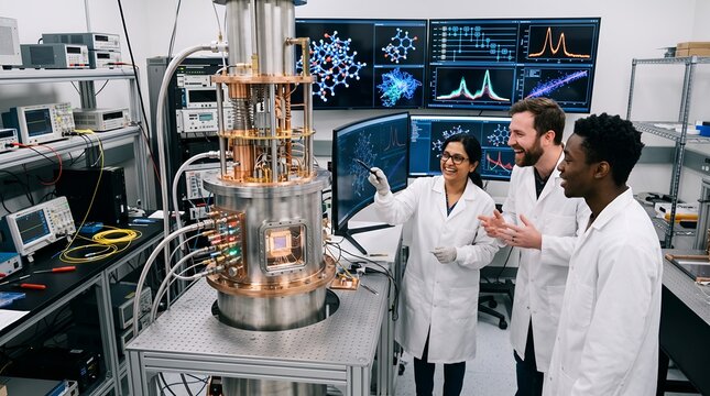 Scientists in lab discussing quantum computing technology