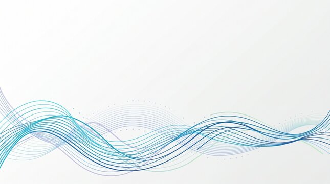 Minimalist abstract design featuring flowing blue and purple wavy lines across a clean white background, digital, connection, motion, tech, curves.