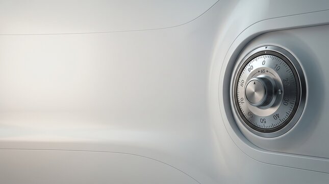 Close-up of a brushed metal safe combination dial with black numbers integrated into a minimalist, sleek white curved wall, security, vault, lock.