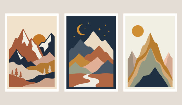 Abstract boho mountain landscape wall art set with sun and moon