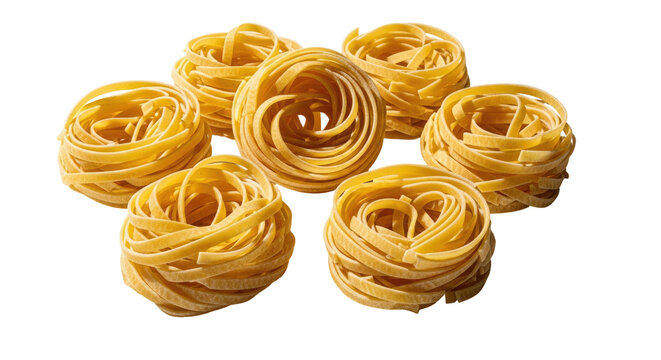 Golden Yellow Tagliatelle Pasta Nests Isolated on Transparent Background Showing Detailed Texture