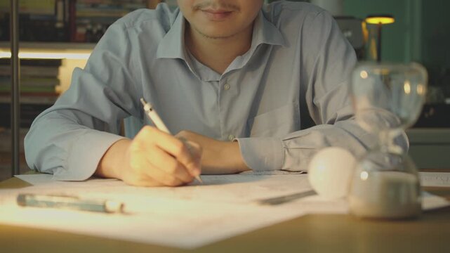 Mechanical Engineer Working on Technical Drawings and Blueprint Design for Manufacturing Factory Industry.