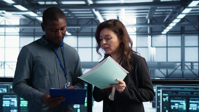 Inside a server farm, IT colleagues work through document review using documents, with maintenance reports and data integrity guiding the task.
