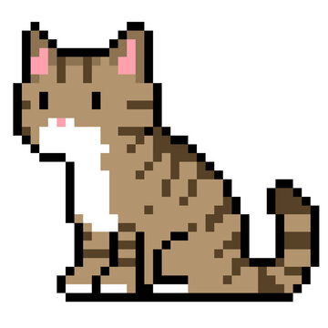 8 bit Pixel art illustration of a sitting brown tabby cat
