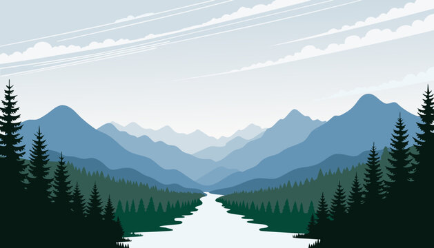 A minimalist landscape illustration showing a calm river winding through dense pine forests with layered blue mountains in the background under a pale sky streaked with clouds.