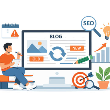 Man working on blog SEO and content update on computer