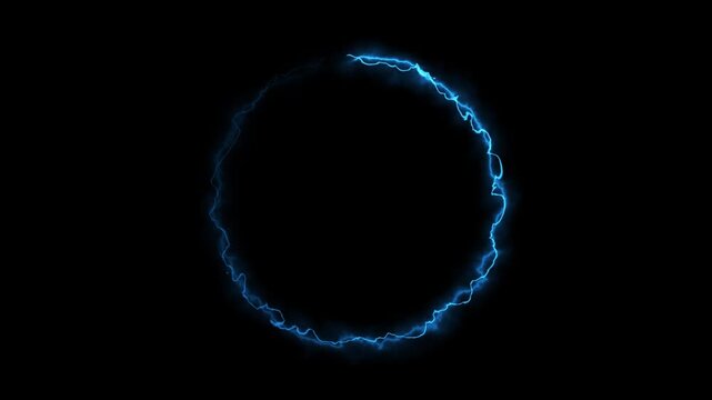 Abstract blue electric lightning circle frame motion on black background loop.