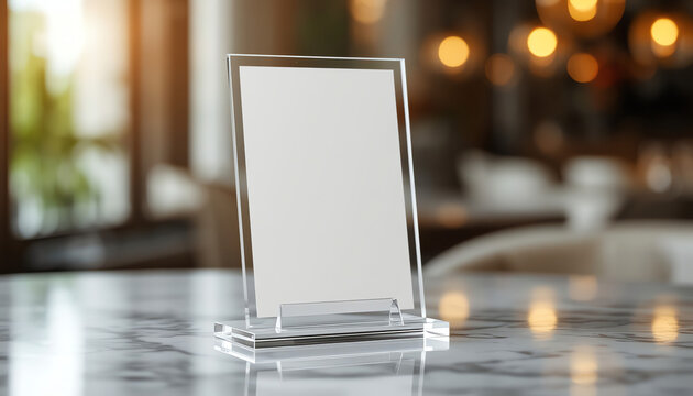 Mock up Menu frame standing on wood table in Bar restaurant cafe. space for text 