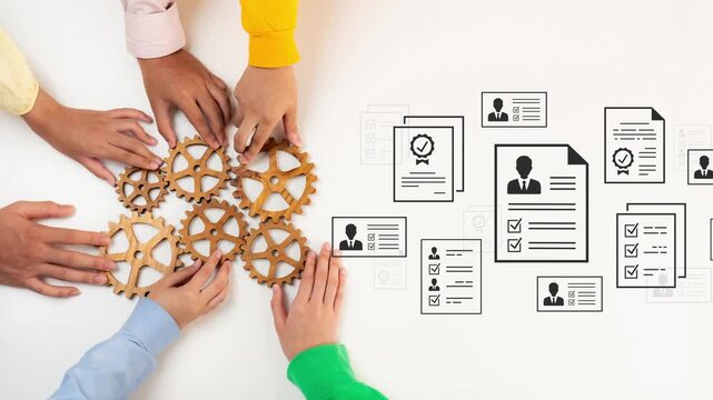 Hands Collaborating on Gears with Resume Documents Background for Business Teamwork and Recruitment Concept in Modern Office Environment. Entropy.