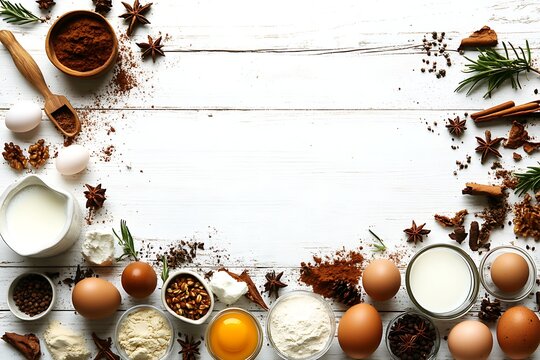 Fresh organic ingredients and spices arranged on a rustic white wooden table for cooking and baking preparation