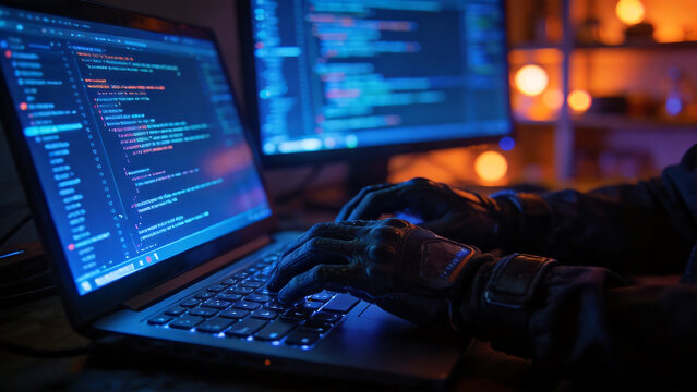 Person typing on laptop with code on screen