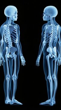 A medical showcasing two human skeletons with visible spinal columns and limbs.