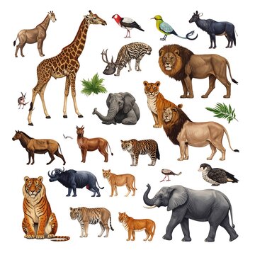 Colorful collection of different wild animals in nature.