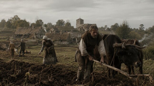 Medieval peasants working the soil with tools in a rural farming village background representing historical agriculture, hard labor, and ancient community life
