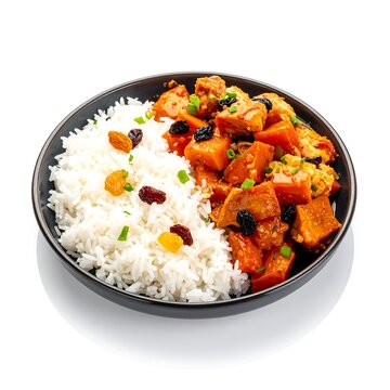 Colorful vegetable fried rice in white bowl closeup.