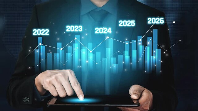 Business bar chart and line graph showing yearly business growth from 2022 to new year 2026, represent data analytics, future 2026 planning, business 2026 trend, and performance analysis 2026 Marrow