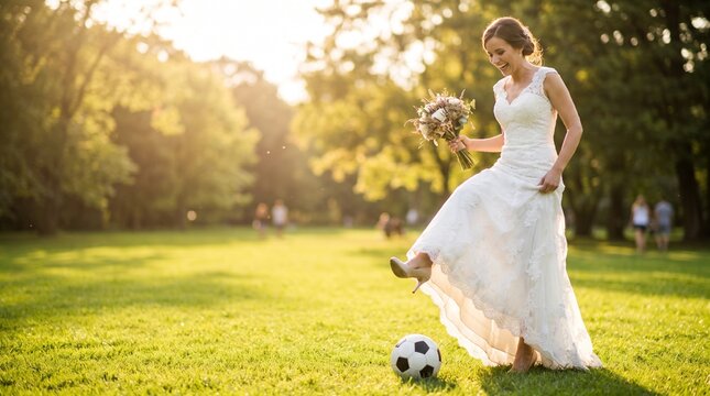 Happy bride in a beautiful white wedding dress playfully kicking a soccer football on a green grass field in park