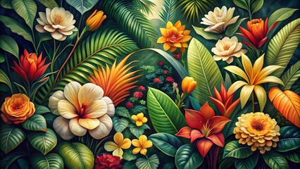 Fototapeta premium Vibrant botanical scene featuring a dense tropical floral arrangement