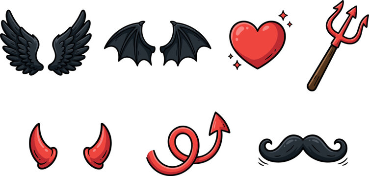 Devil and demon costume elements vector illustration set featuring horns wings tail pitchfork red heart and mustache isolated on white background.