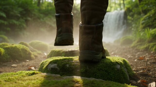 Cinematic adventure boot footwear footsteps forest trail background waterfall spray sunlight and misty morning moss stone hiking escape serene nature journey concept travel relaxation
